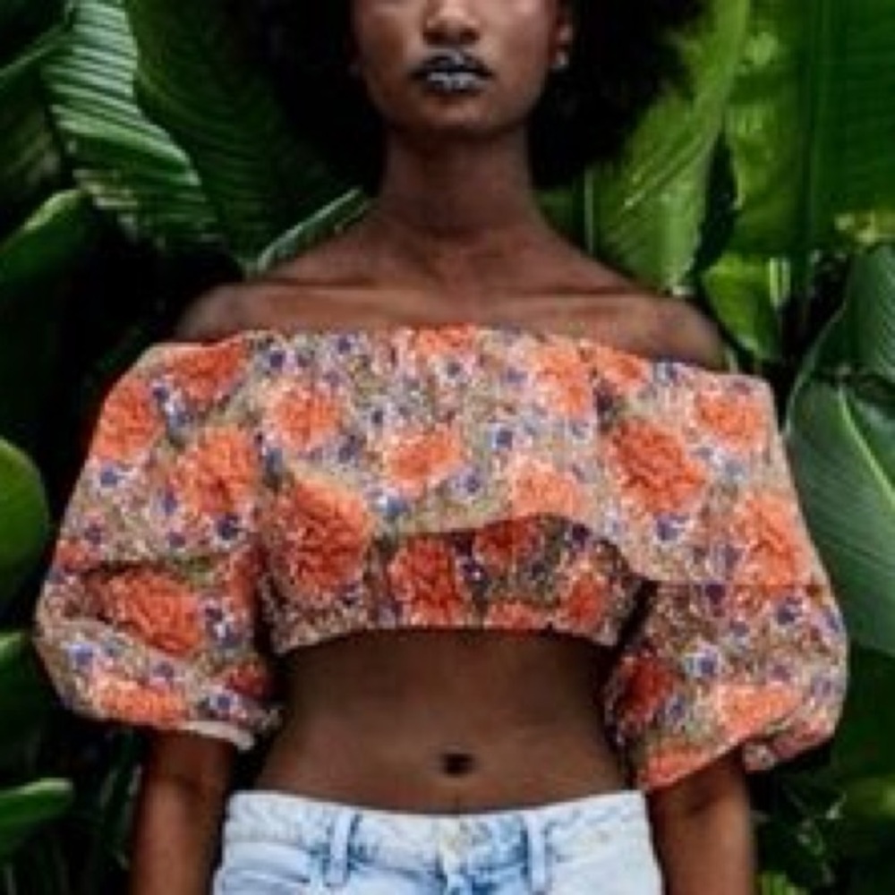 Zara Bohemian Orange Blue Ruffle Floral Off-Shoulder Crop Top Blouse Size M NWT